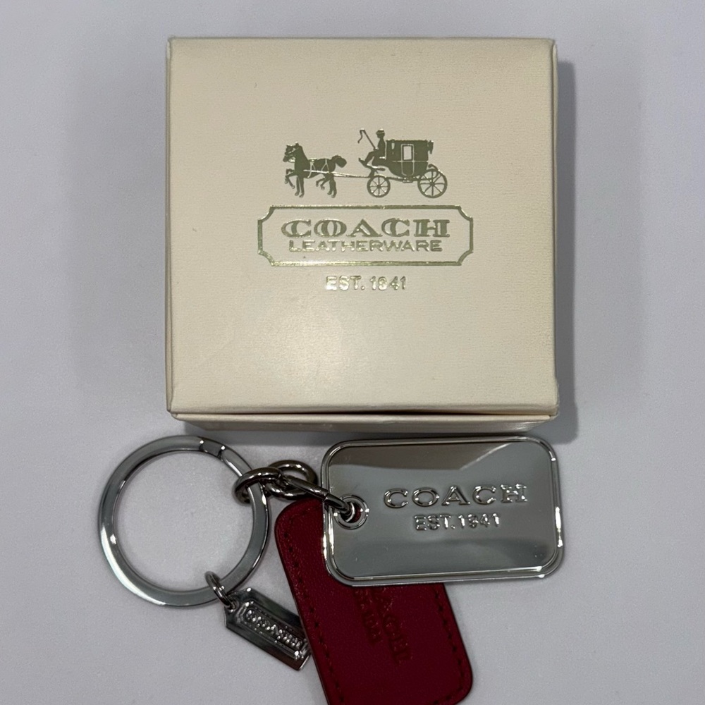 Coach Silver Keychain Keyring Red Leather and Silver Tags LIKE NEW CONDITION - Picture 2 of 8